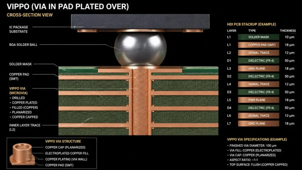 2D engineering cross-section of VIPPO Via-in-Pad PCB technology showing electroplated copper filled microvia under a BGA solder ball with HDI layer stackup specifications by Hongda Circuit.