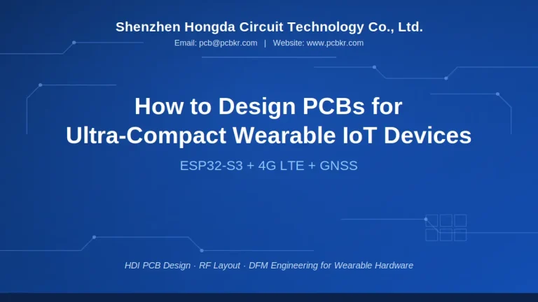 Wearable HDI PCB design diagram showing 6-layer HDI stackup, microvia VIPPO, LTE & GNSS RF isolation, thermal management for ultra-compact wearable tracker hardware