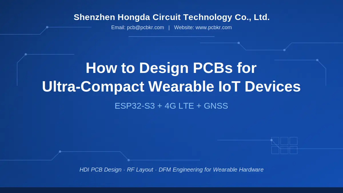 Wearable HDI PCB design diagram showing 6-layer HDI stackup, microvia VIPPO, LTE & GNSS RF isolation, thermal management for ultra-compact wearable tracker hardware