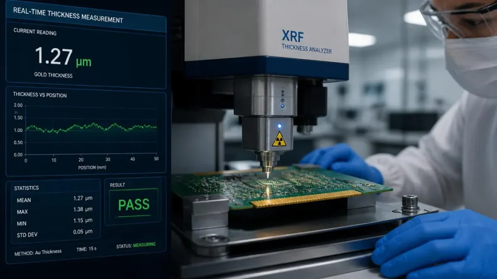Lab technician using XRF thickness analyzer to measure gold plating depth on a PCB edge connector in a cleanroom lab