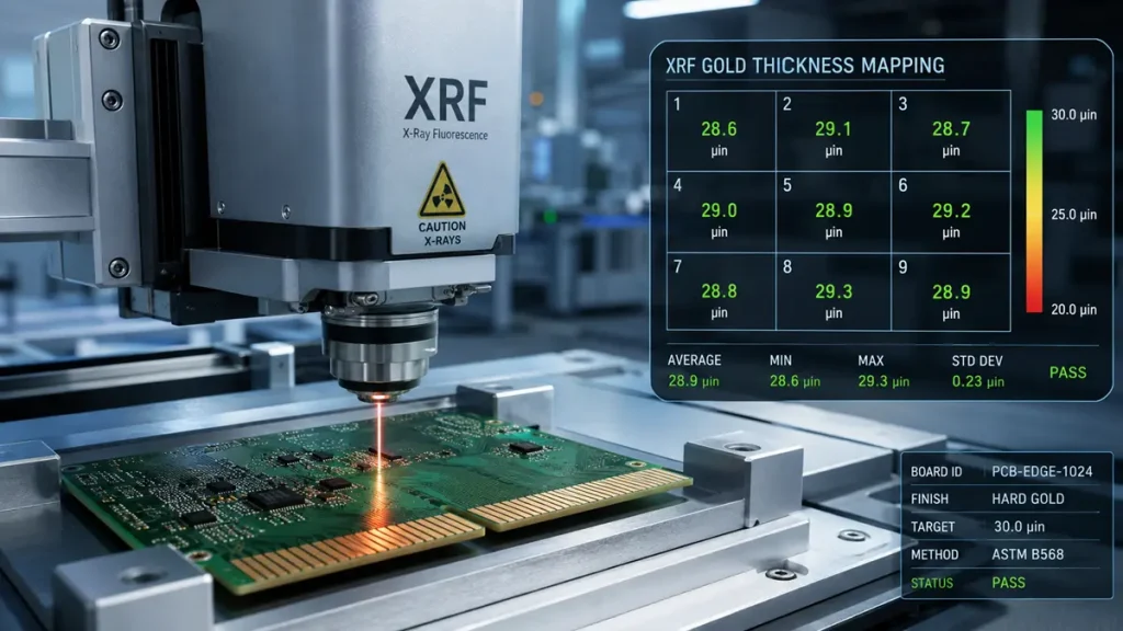 An automated XRF inspection head measuring hard gold thickness on PCB gold finger edge connectors with a digital HUD showing a 9-point grid mapping in microinches (µin) and statistical pass analysis.