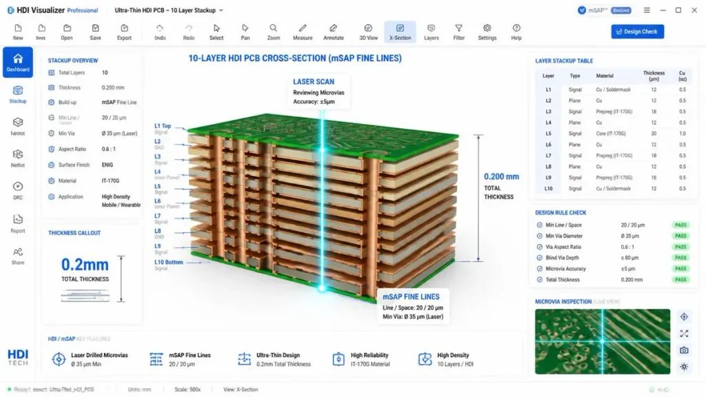 3D isometric CAD cross-section stackup diagram of an ultra-thin 10-layer HDI PCB with 0.2mm total thickness and mSAP fine lines