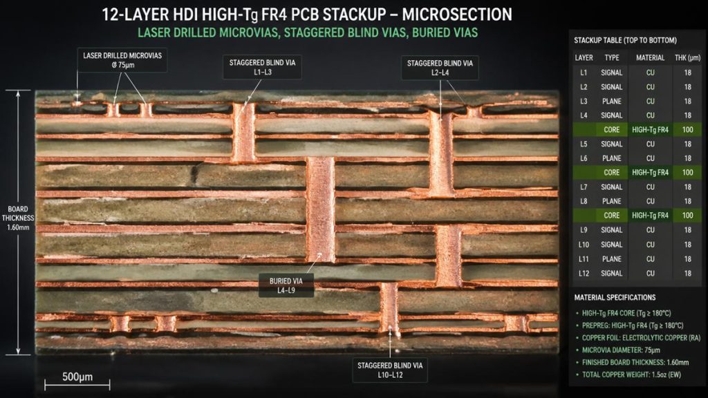 12-layer HDI High-Tg FR4 PCB microscopic cross-section diagram showing laser drilled microvias, blind vias, buried vias and layer stackup table