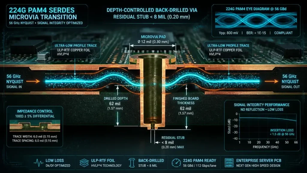 Cross-section diagram of 224G PAM4 SerDes microvia transition with depth-controlled back-drilling residual stub under 8 mil and ULP-RTF copper trace by Hongda Circuit