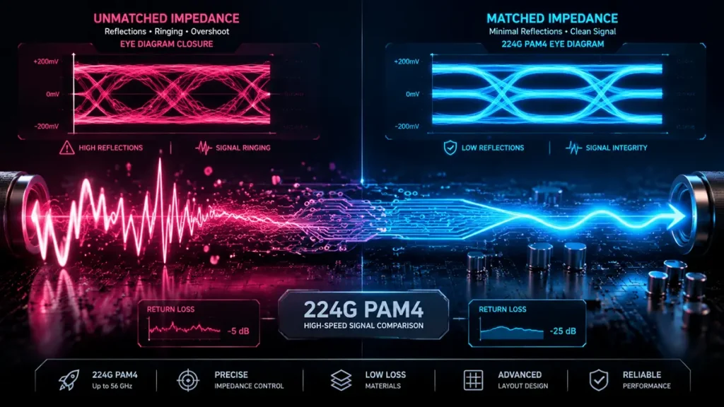 Comparison diagram of unmatched vs matched impedance in 224G PAM4 high-speed PCB showing signal reflections, eye diagram closure, and return loss (-5 dB vs -25 dB).
