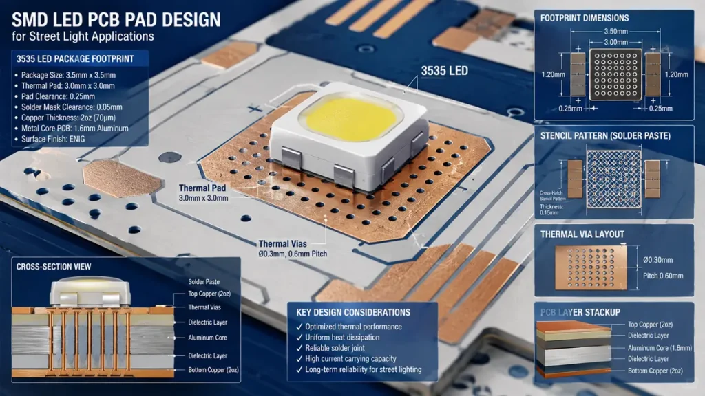 Technical illustration of 3535 SMD LED PCB pad design featuring 3.0mm thermal pad, 0.3mm thermal vias array, and aluminum core stackup by Hongda Circuit