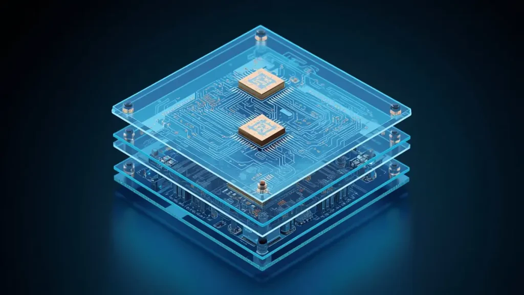 3D isometric diagram of a complex multi-layer Any-Layer HDI PCB stackup architecture with semi-transparent dielectric substrate layers, internal copper trace pathways, and microvia interconnect structures.