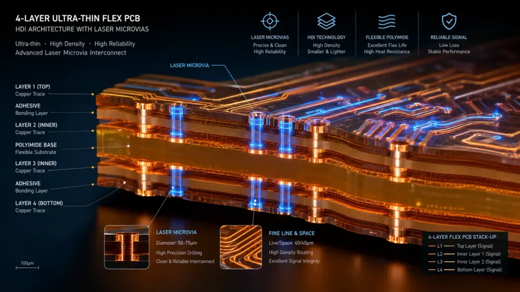 3D cross-section diagram of 4-layer ultra-thin flex PCB showing polyimide substrate, laser microvias, and HDI stack-up architecture by Hongda Circuit