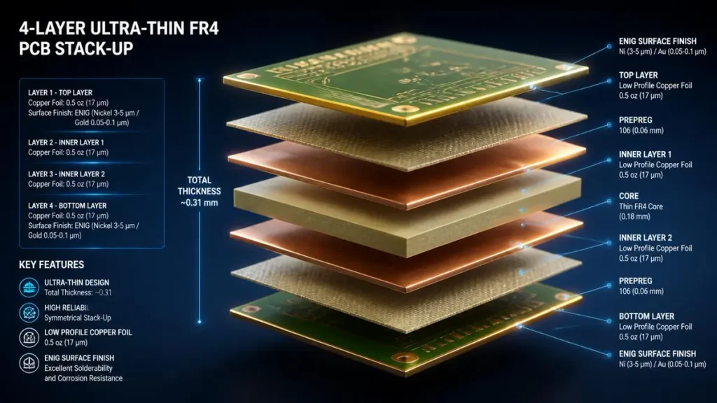 3D technical explosion diagram of 4-layer ultra-thin FR4 PCB stack-up with ENIG finish by Hongda Circuit