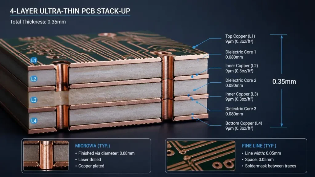 3D cross-section diagram of a 4-layer ultra-thin PCB stack-up with 0.35mm total thickness and microvias by Hongda Circuit.