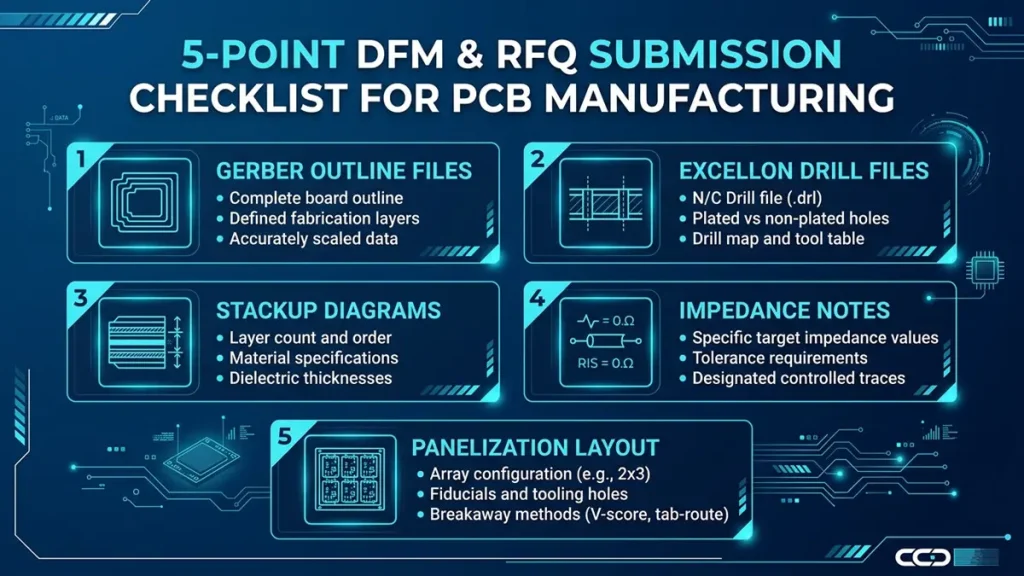 An infographic displaying a 5-point DFM and RFQ submission checklist for PCB manufacturing, highlighting Gerber outline files, Excellon drill files, stackup diagrams, impedance notes, and panelization layout on a blue high-tech presentation slide.