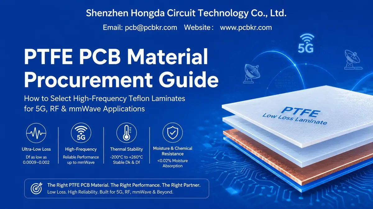 PTFE PCB material procurement guide cover image for 5G, RF, and mmWave high-frequency applications by Shenzhen Hongda Circuit