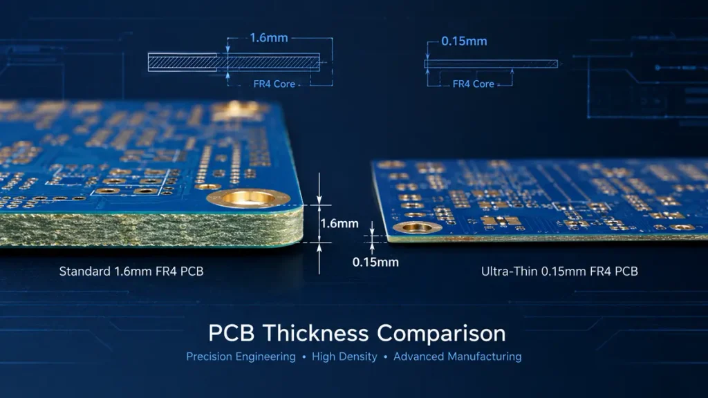 Side-by-side thickness comparison between a standard 1.6mm PCB and an ultra thin 0.15mm FR4 PCB with ENIG surface finish