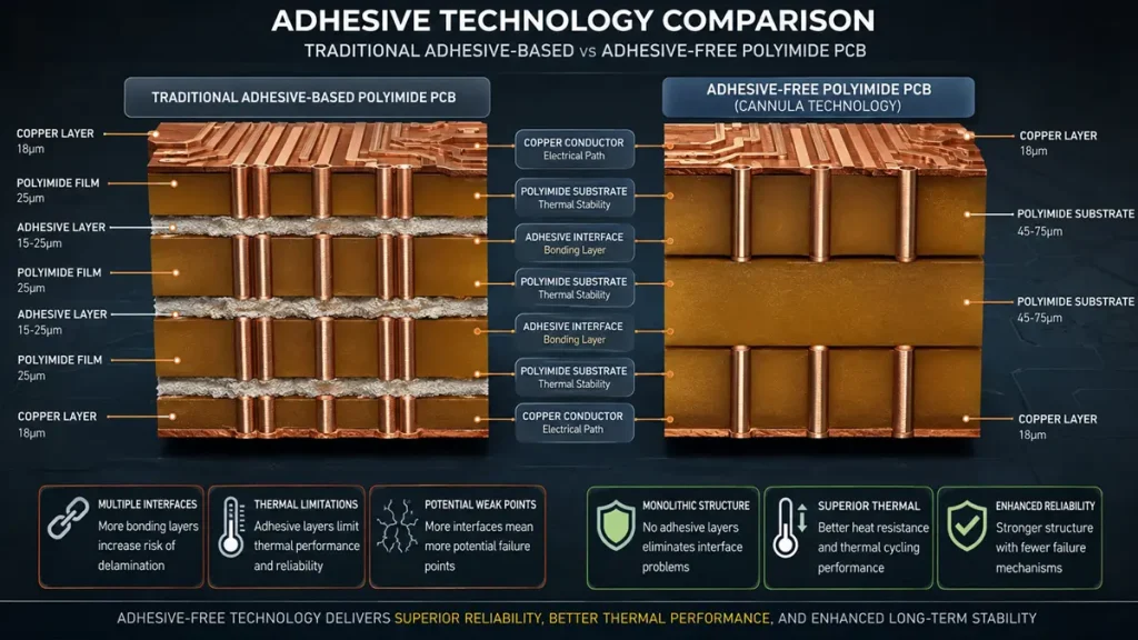 Technical 3D cross-section diagram comparing traditional adhesive-based vs adhesive-free polyimide PCB layer stackups and thermal performance.