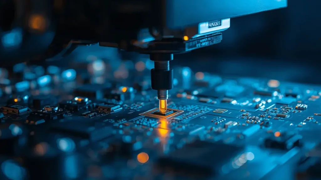 Macro photography of a high-speed SMT pick-and-place machine mounting components onto a custom LED PCB at Hongda Circuit.