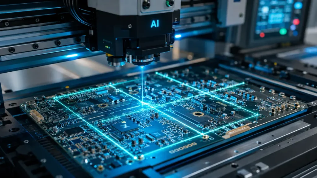 AI-assisted AOI machine scanning a complex LED printed circuit board with glowing cyan laser alignment grid on an automated SMT production line by Hongda Circuit.