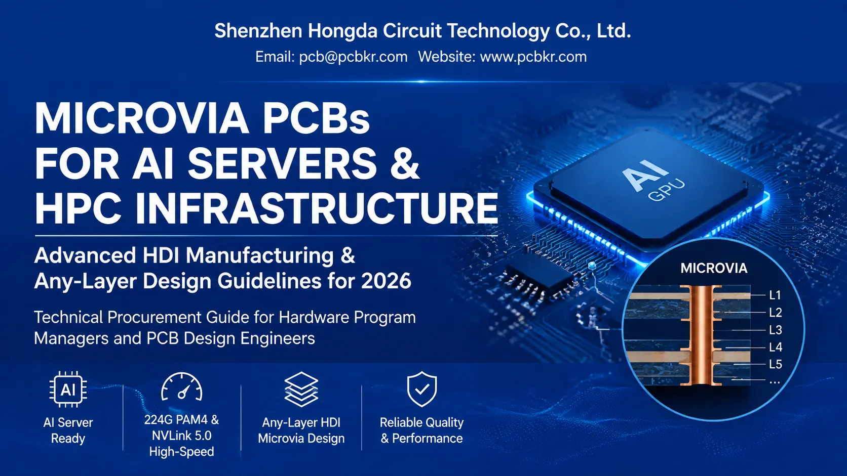 Microvia PCBs for AI servers and HPC infrastructure featuring any-layer HDI manufacturing and 224G PAM4 technology by Hongda Circuit