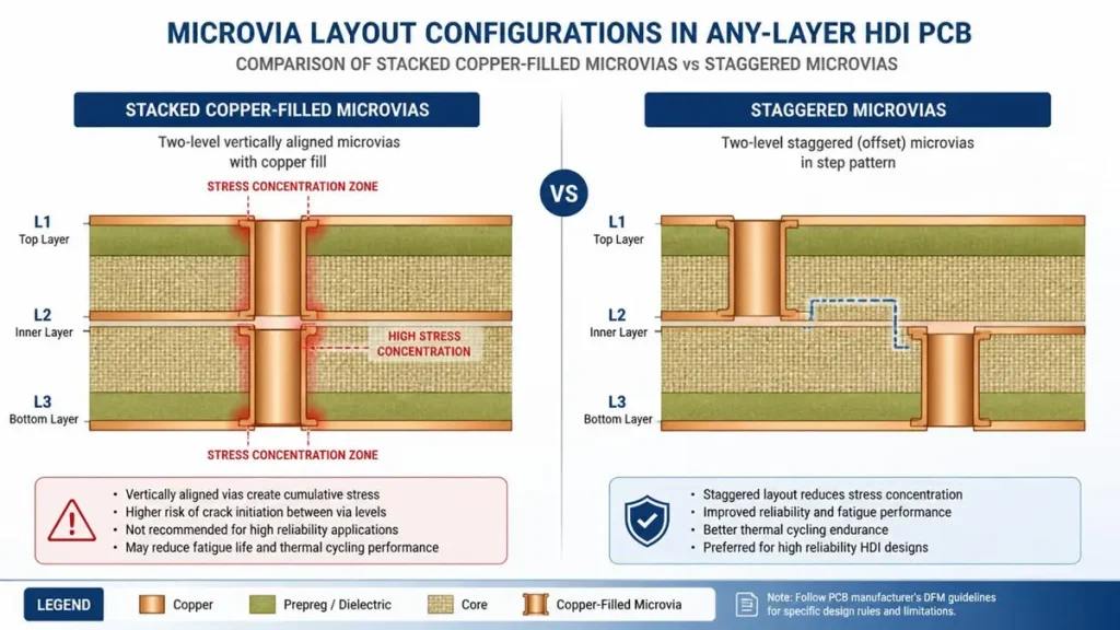Cross-section analysis of an AI server microvia PCB showing high-density HDI layer stackup and copper-filled vias by Hongda Circuit