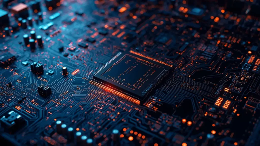 High-tech industrial photography of an AI server motherboard and chip carrier utilizing fine-line mSAP PCBs with glowing circuit traces and microvias