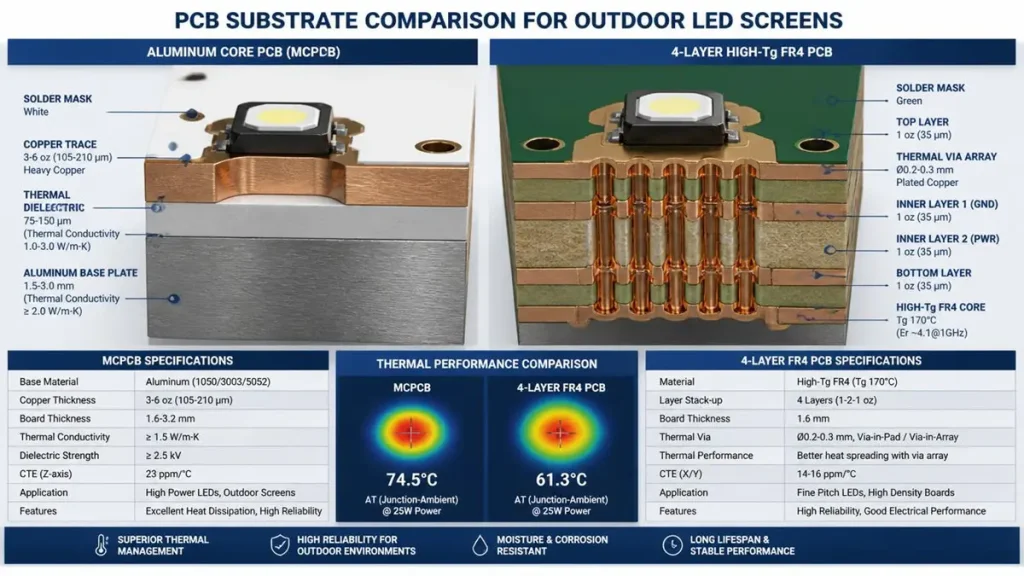 Technical cross-section comparison between Aluminum Core PCB (MCPCB) and 4-Layer High-Tg FR4 PCB for LED display screens