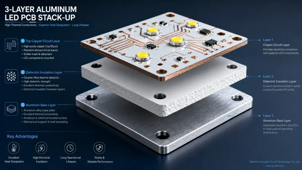 3D exploded view of a 3-layer aluminum LED PCB stack-up showing copper circuit, ceramic dielectric layer, and aluminum base by Hongda Circuit.
