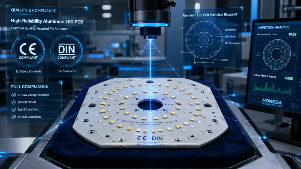 High-reliability aluminum LED PCB on a dark velvet testing stand undergoing laser dimensional inspection for CE and DIN compliance by Hongda Circuit.