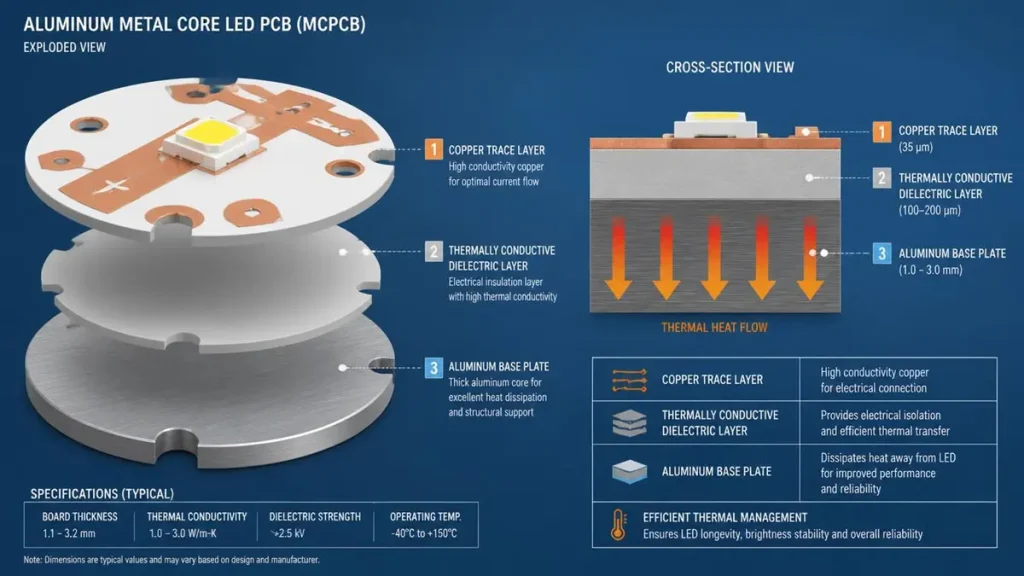 3D exploded view and cross-section diagram showing the copper layer, thermally conductive dielectric layer, and aluminum base plate of an MCPCB LED board