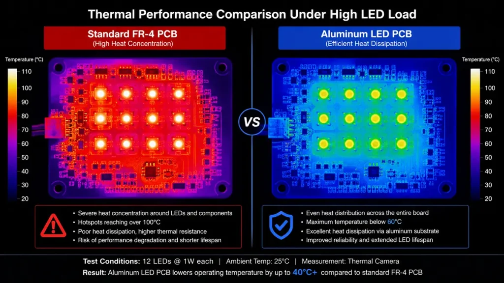 Infrared thermal imaging comparing high heat spots on standard FR-4 PCB versus aluminum LED PCB with efficient thermal dissipation by Hongda Circuit.