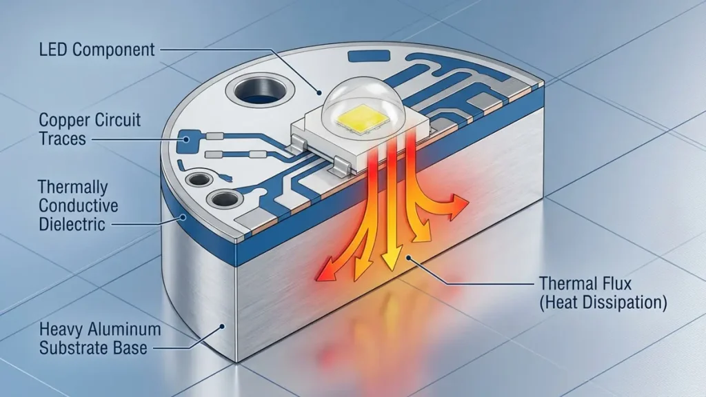 3D cross-section diagram showing the copper layer, dielectric insulation, and aluminum base of an MCPCB for SMD LED thermal management by Hongda Circuit.