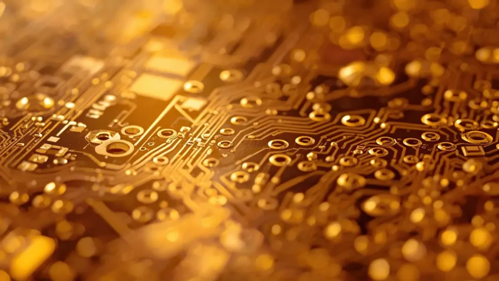 Close-up macro photo of flexible amber polyimide HDI PCB with laser-drilled microvias and mSAP fine-line copper traces.