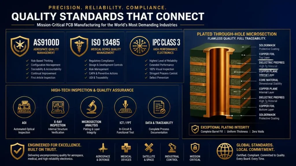 Infographic showing AS9100D, ISO 13485, and IPC Class 3 quality standards with a plated through-hole microsection diagram for high reliability PCB manufacturing.