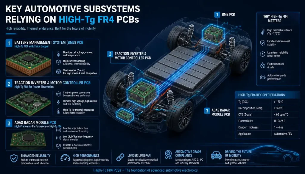 Infographic of High-Tg FR4 automotive PCB applications in EV chassis, including BMS, traction inverter, and ADAS radar modules.