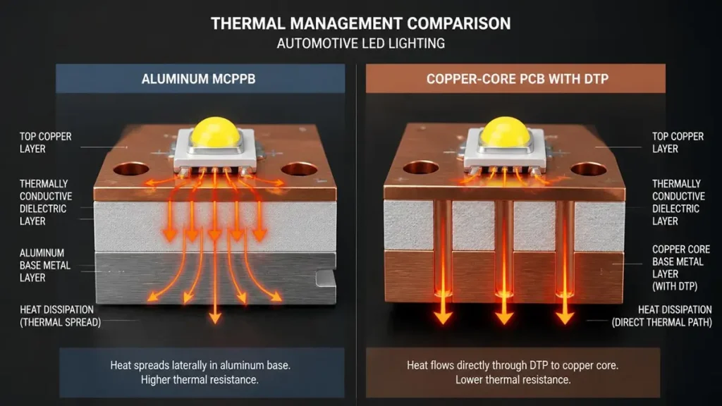 Side-by-side 3D cross-section thermal comparison between Aluminum MCPCB and Copper-core PCB with Direct Thermal Path (DTP) for automotive LED lighting by Hongda Circuit.