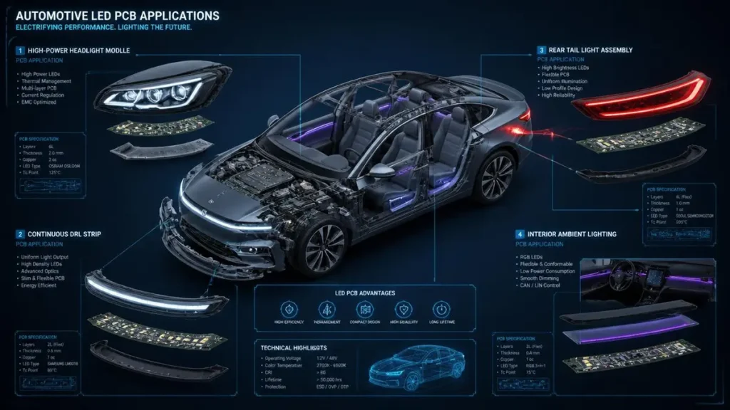Exploded view diagram of automotive LED PCB applications in modern vehicle lighting, including high-power headlights, DRL strips, tail lights, and interior ambient lighting by Hongda Circuit.