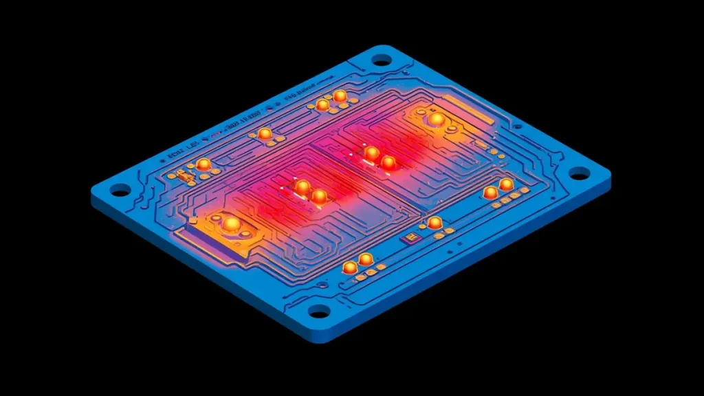 Isometric 3D FEA thermal simulation heatmap of a high-power automotive headlight LED PCB showing thermal dissipation across copper traces by Hongda Circuit.