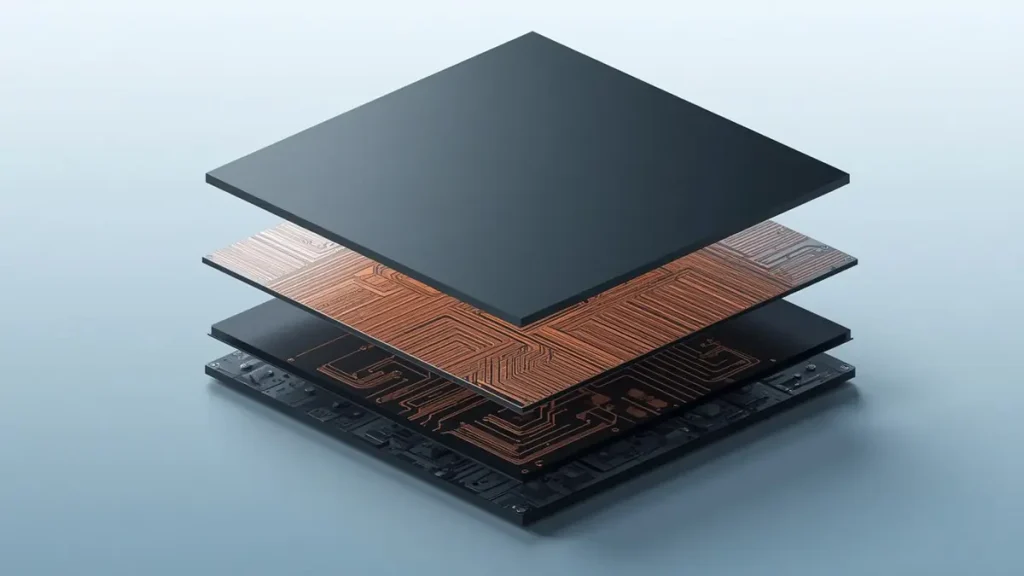 3D exploded view diagram showing the layer stackup of a black polyimide flexible PCB with photoimageable dry film solder mask and patterned copper traces, manufactured by Hongda Circuit.