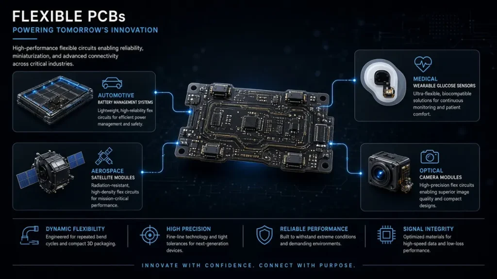 Industrial application infographic of black polyimide flexible PCBs showing automotive battery management, medical wearable sensors, aerospace satellite modules, and optical camera interconnects by Hongda Circuit.