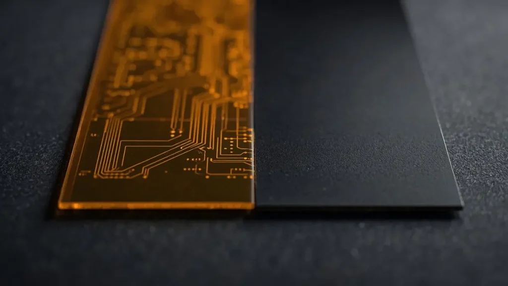 Side-by-side comparison photo showing a translucent amber polyimide flexible PCB with visible copper traces on the left and an opaque matte black polyimide PCB with dry film solder mask on the right, manufactured by Hongda Circuit.