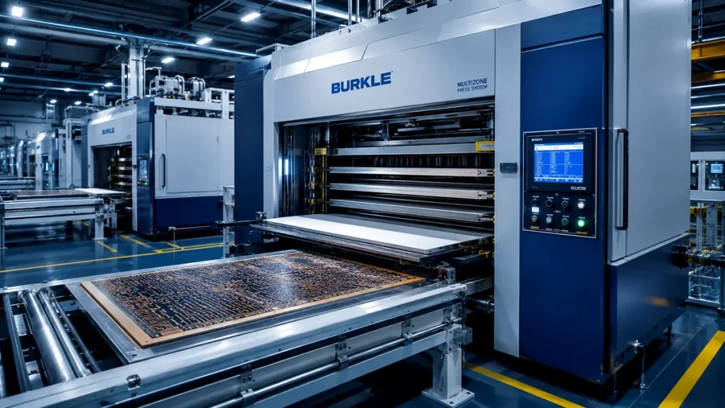 BURKLE multi-zone lamination press system processing high-Tg multilayer PCBs at Hongda Circuit factory