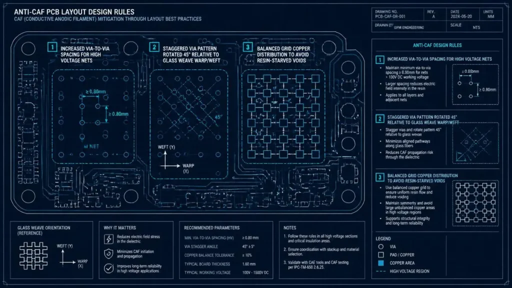 A CAD engineering diagram showing layout rules for CAF Resistant High-Tg FR4 PCBs, including 0.80mm via spacing, 45-degree rotated via patterns, and balanced grid copper layout.