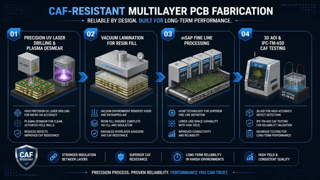 An industrial process flow infographic detailing CAF Resistant High-Tg FR4 PCB manufacturing steps including UV laser drilling, vacuum lamination, mSAP fine line processing, and IPC-TM-650 CAF testing.