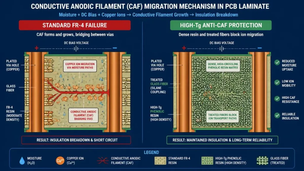 A 2D technical vector diagram illustrating CAF Resistant High-Tg FR4 PCB mechanisms, comparing copper ion migration failure in standard FR-4 with anti-CAF protection using dense phenolic resin and treated glass fibers.
