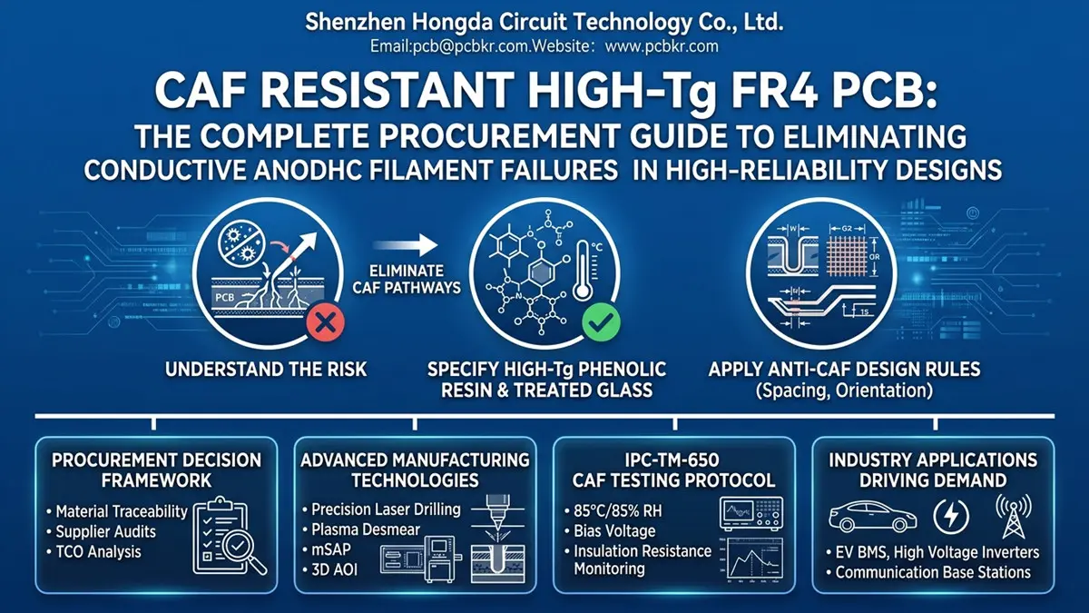 A technical infographic cover for a procurement guide on CAF Resistant High-Tg FR4 PCBs, showcasing strategies to eliminate conductive anodic filament failures in high-reliability designs, created for Shenzhen Hongda Circuit Technology Co., Ltd.