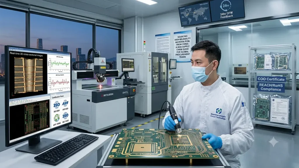 An engineer at a china microvias pcb manufacturer conducting high-precision HDI board inspection next to automated laser drilling machinery and microsection analysis displays.