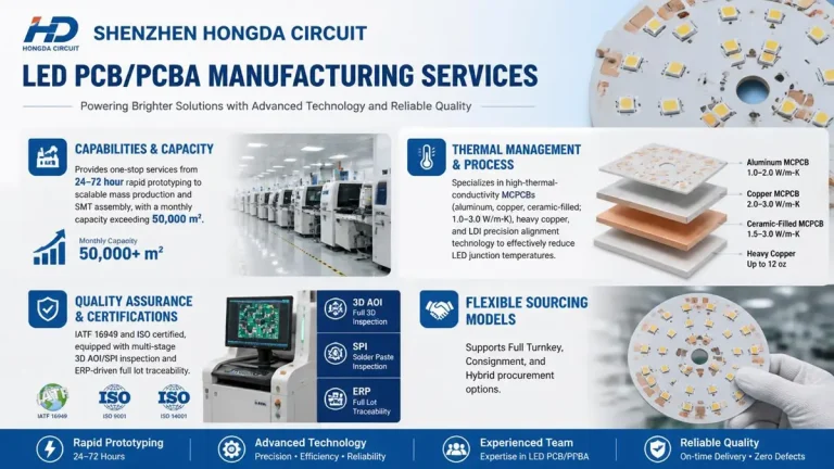 Custom LED PCB manufacturing capabilities and process flow chart by Shenzhen Hongda Circuit Technology