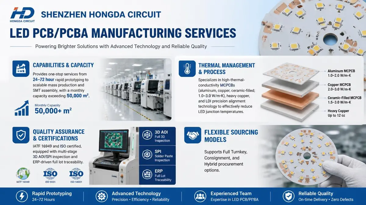 Custom LED PCB manufacturing capabilities and process flow chart by Shenzhen Hongda Circuit Technology