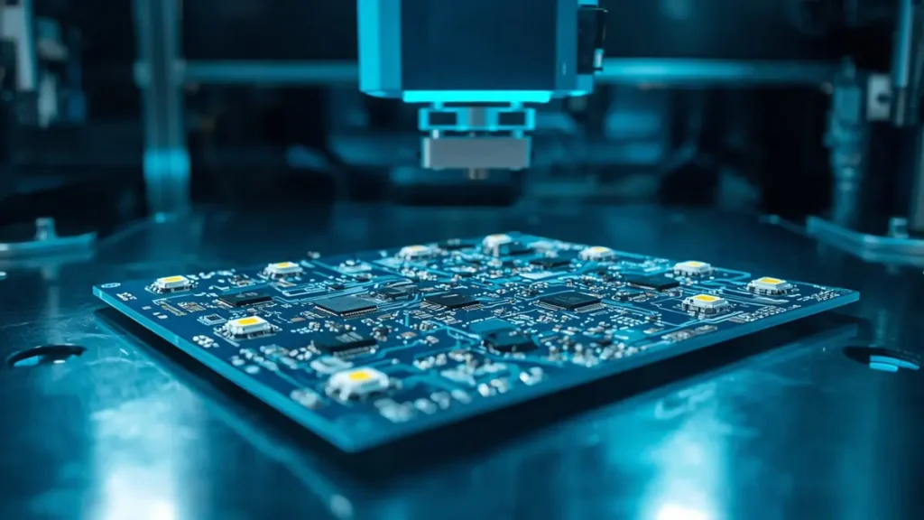 Close-up of a custom LED PCB board with mounted LED components under automated inspection at Hongda Circuit's facility.