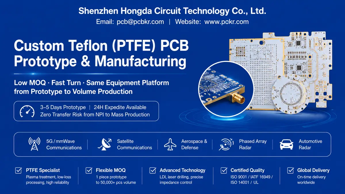 Shenzhen Hongda Circuit Technology, a custom Teflon (PTFE) PCB manufacturer offering Low MOQ prototype (3-5 days) and high-volume production on the same equipment platform for consistent quality.