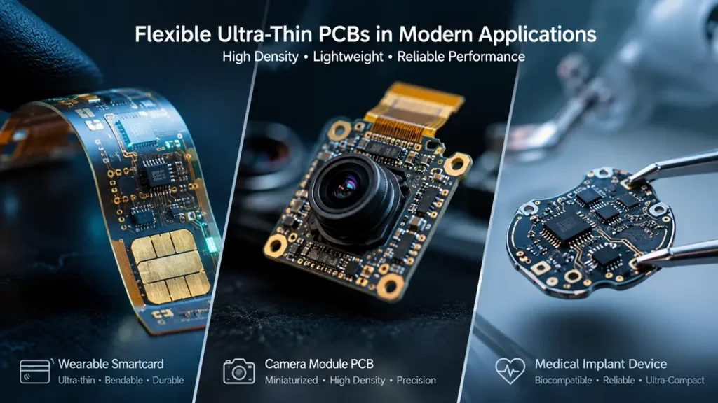 Split-screen overview of custom ultra-thin PCBs used in wearable smartcards, compact camera modules, and precision medical implant devices.