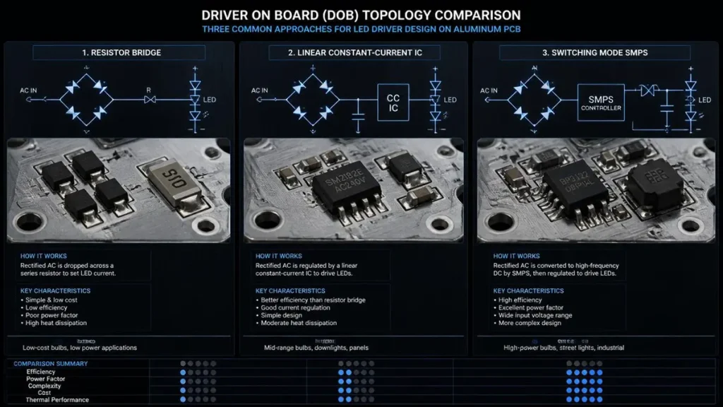 Comparison circuit diagram and macro photos of three 220V DOB LED PCB topologies: Resistor Bridge, Linear Constant-Current IC, and Switching Mode SMPS on aluminum MCPCB